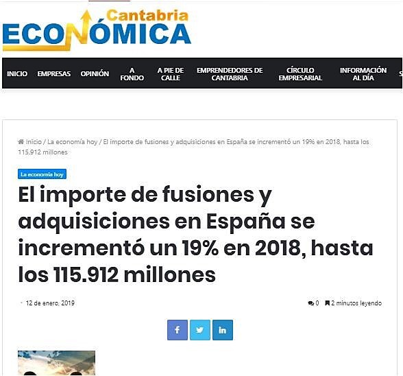 El importe de fusiones y adquisiciones en Espaa se increment un 19% en 2018, hasta los 115.912 millones